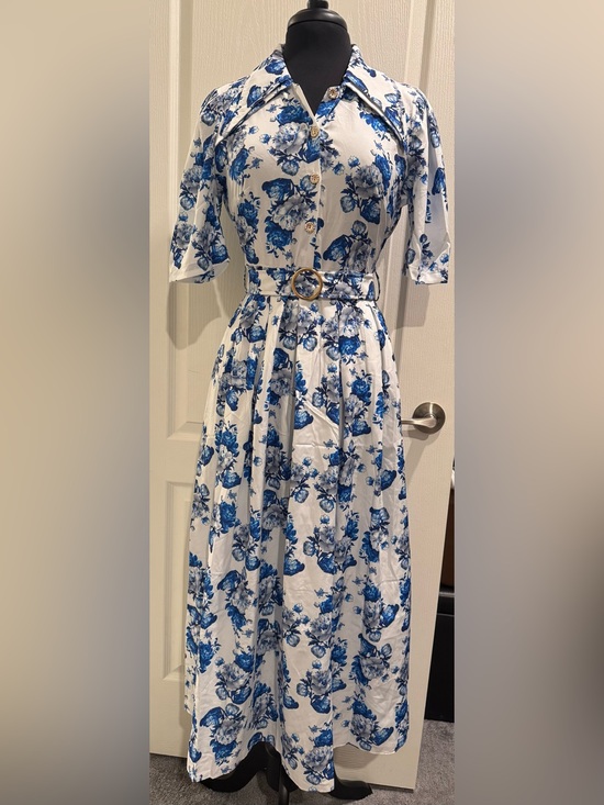 Dresses & Skirts - Blue Floral Belted Midi Dress - White & Blue